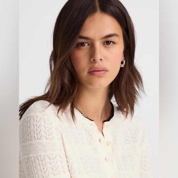 NWT Madewell Pointelle-Stitch Cardigan in Ivory, Black Trim & Split Cuffs, M & L - Picture 5 of 14